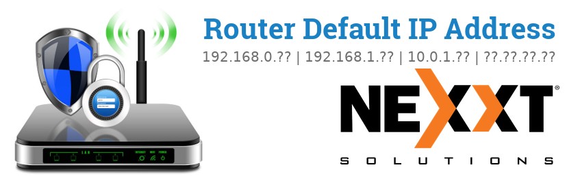 Image of a Nexxt Solutions router with 'Router Default IP Addresses' text and the Nexxt Solutions logo